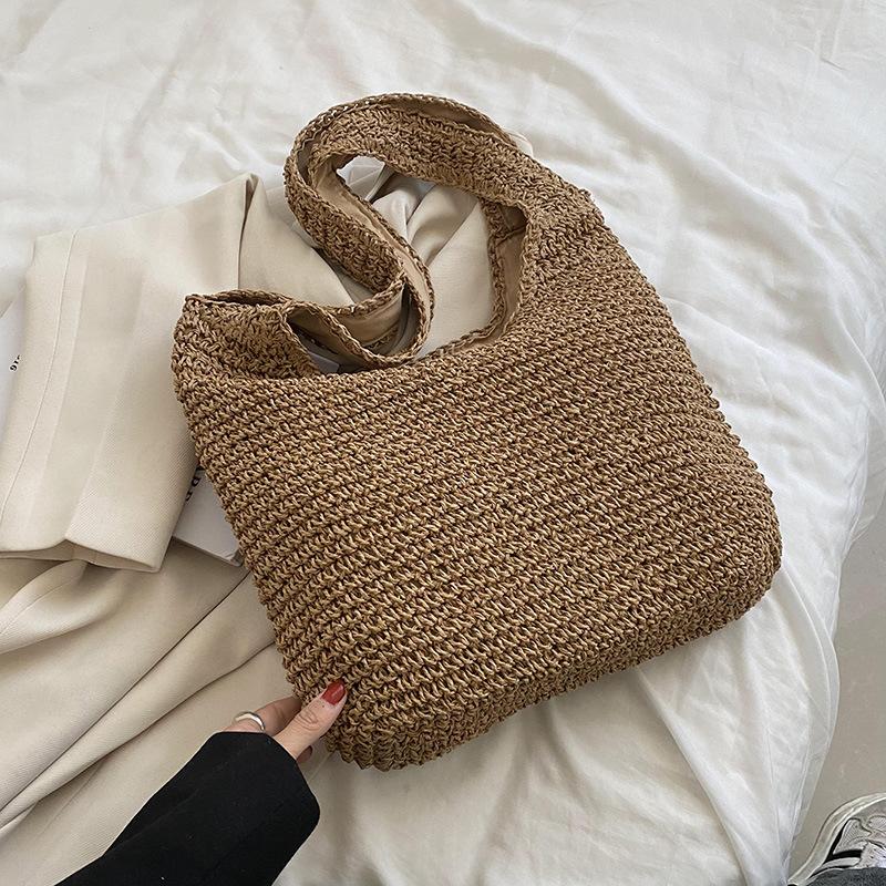 Handtasche Neue Lässige Schultertasche Strandurlaub Große Kapazität Pendler Tragetasche Gewebte Stroh Tragetasche für Damen