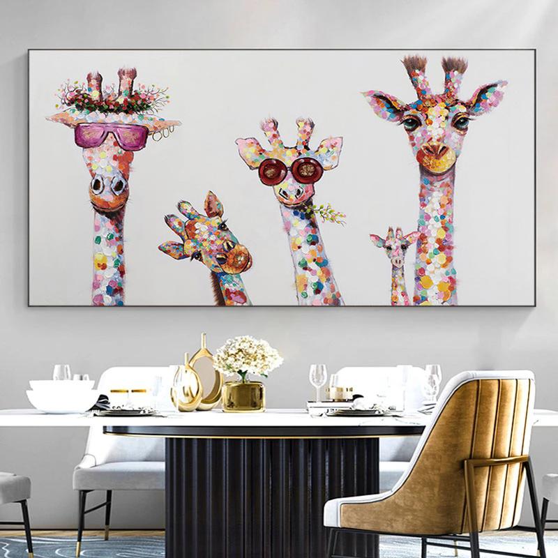 Curious Giraffes Family Animal Canvas Painting Graffiti Art Poster Prints Decor Wall Art Picture Artwork for Kids Room Decor No Frame