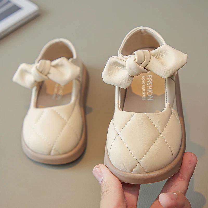 Mädchen-Lederschuhe, Frühlings- und Herbst-Einzelschuhe mit flachem Mund und Schleife für Mädchen, Prinzessinnenschuhe