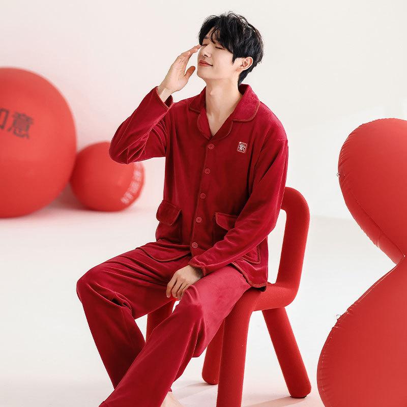 Couple pajamas birth year autumn and winter island velvet wedding newlywed winter is red high-end winter wear suit