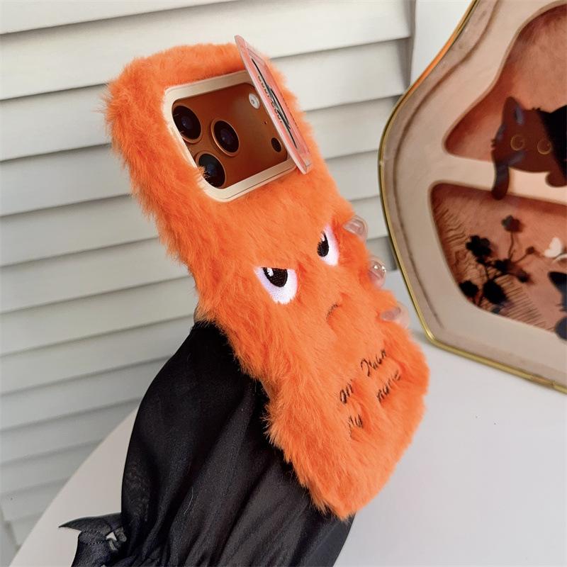 Cartoon Angry Face Expression Fluffy Plush Phone Case For iPhone Air 11 12 14 13 15 16 17 Pro Max Lens Bracket Shockproof Cover