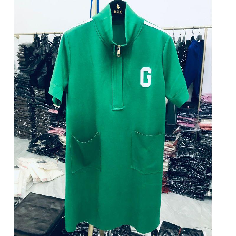 

Fashion Sporty Women s Short Sleeve Knitted Cotton Breathable Front Zipper Easy to Wear Short Sleeve Big Pocket Dress Wide Loose Summer Green short sleeve 4XL