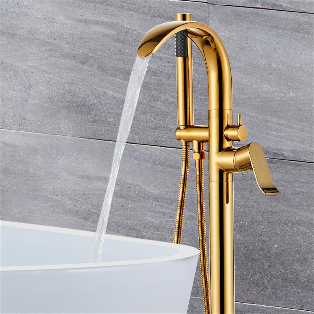 Tuqiu Gold Bathtub Faucet Set Floor Decked Brass Black Waterfall Bathtub Mixer Morden Style Bathroom Taps