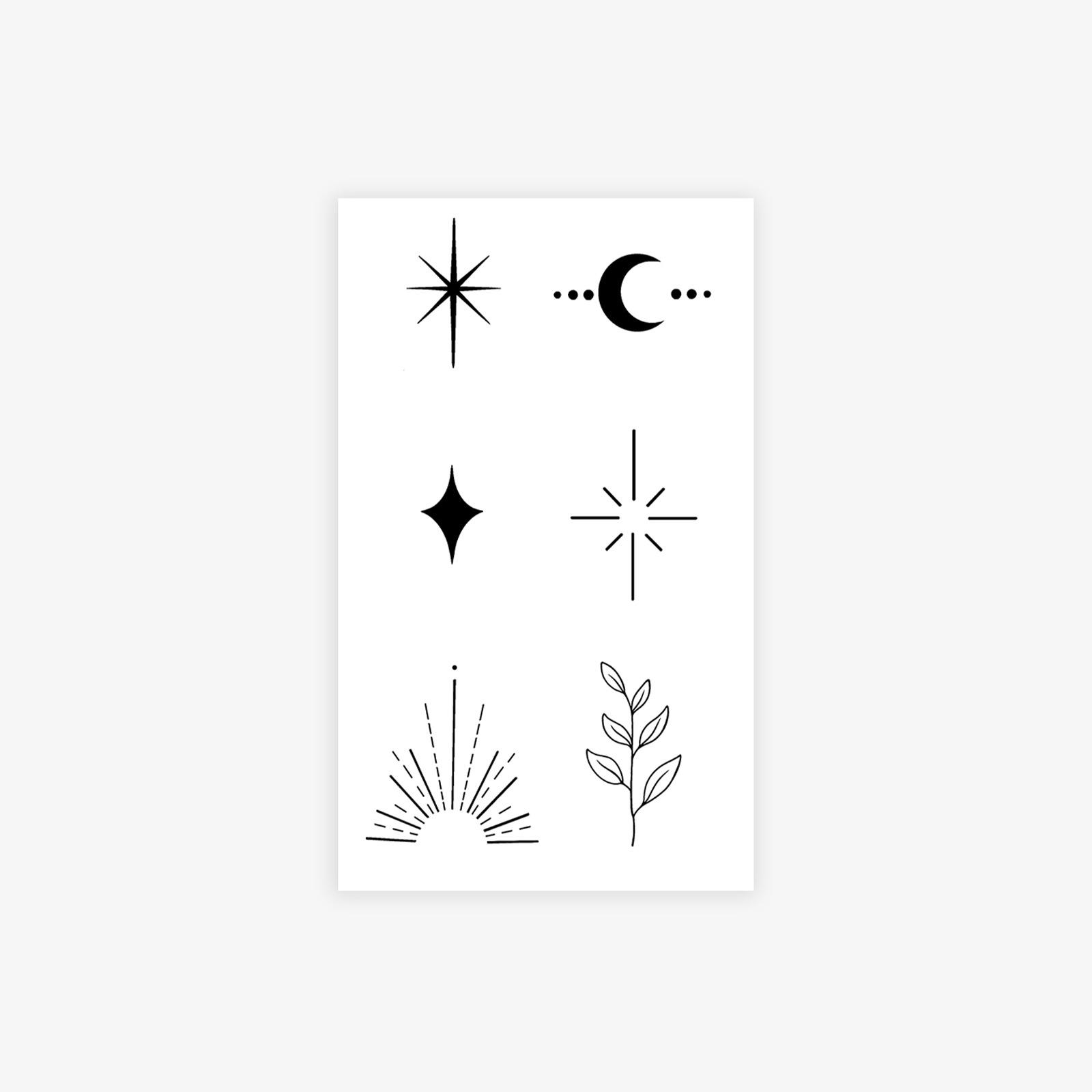 

Sun, Moon, Stars Tattoo Sticker, Black And Gray Thin Lines, Long-Lasting Waterproof, High-End Finger Sticker 11*18