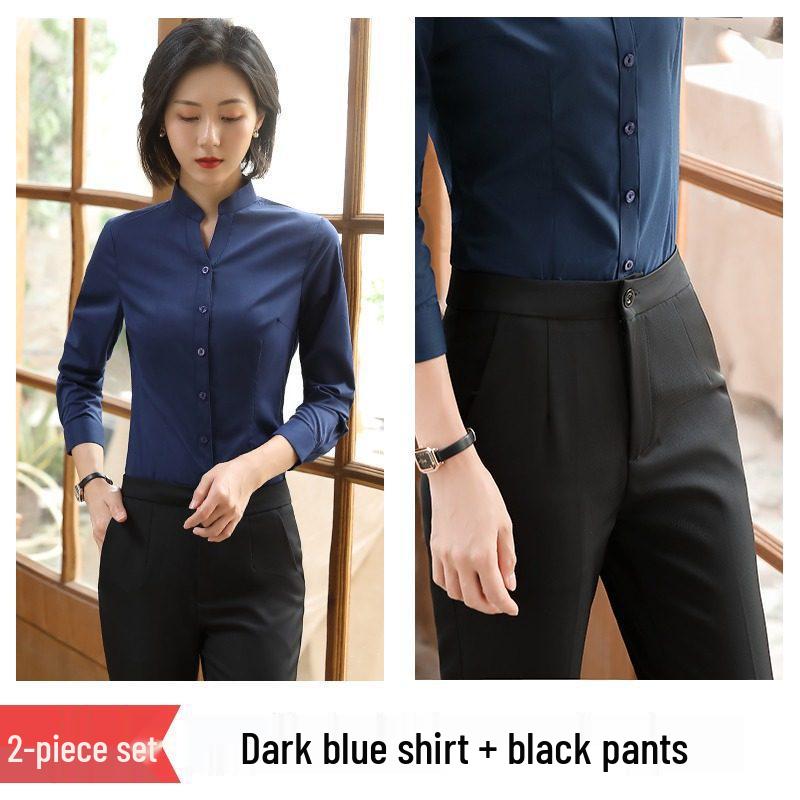 Women's Black Slim-Fit Professional Long-Sleeve Stand-Up Collar Shirt - New 2026 Business Formal Wear