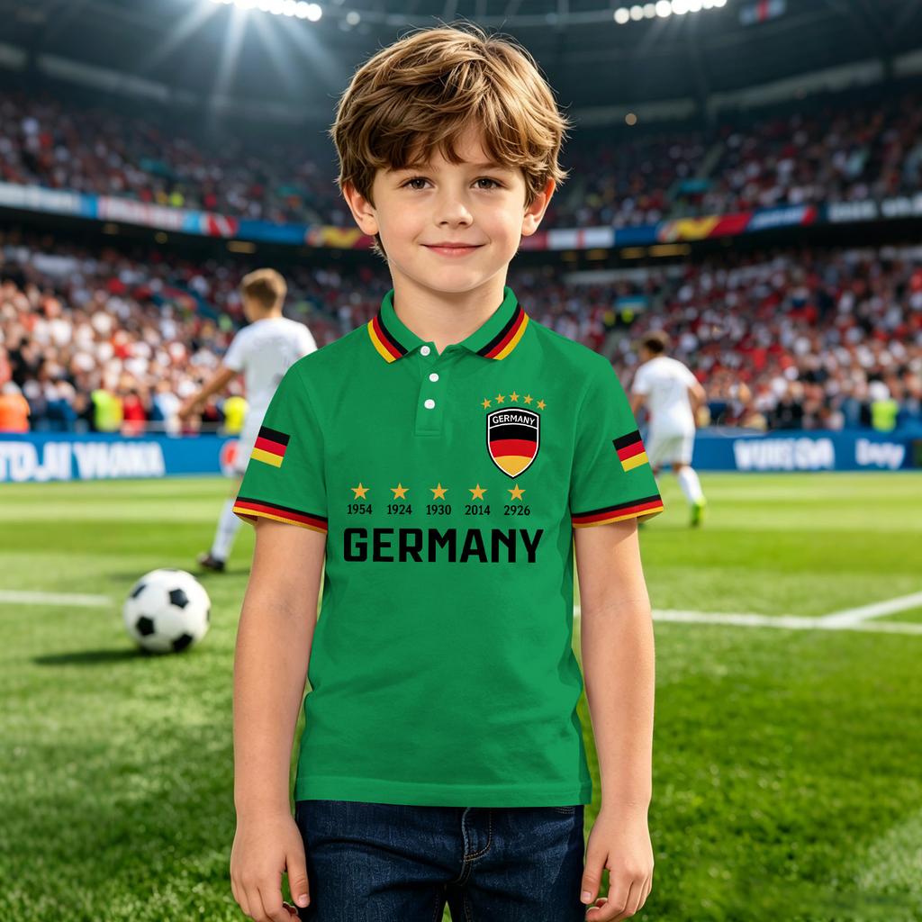 Kids Polo Shirt with Printed National Emblem and Championship Years Design Short Sleeve Button Collar Casual Top for Boys
