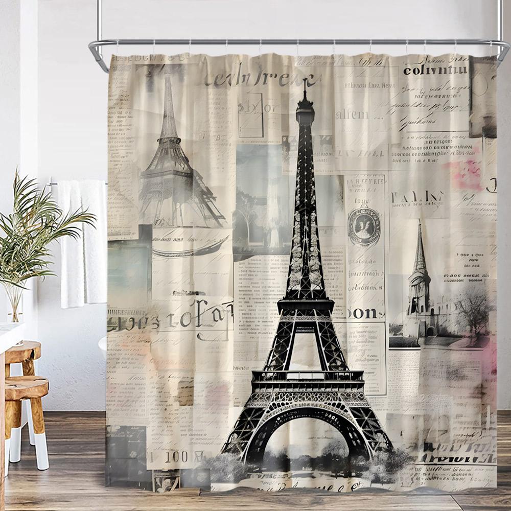 Paris Eiffel Tower Vintage Shower Curtain Purple Flower Old Newspaper Pattern Bathroom Decor Retro Bathtub Curtain with Hook