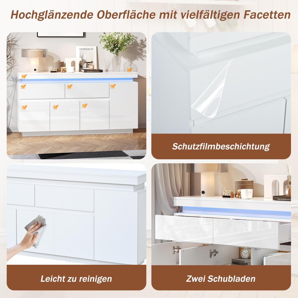 140 x 35 x 72,5 cm Mobile Soggiorno, Credenza, Buffet, Mobile Laterale con 2 Cassetti, Finitura Lucida, Armadietto con 4 Ante, LED, Bianco