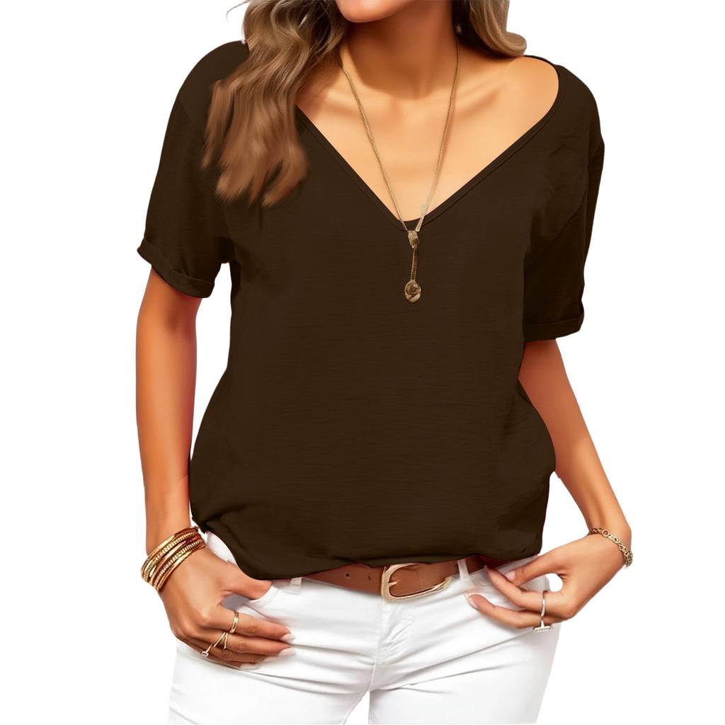 Women's Fashionable Deep V,neck Short,sleeved Color Casual Loose Top