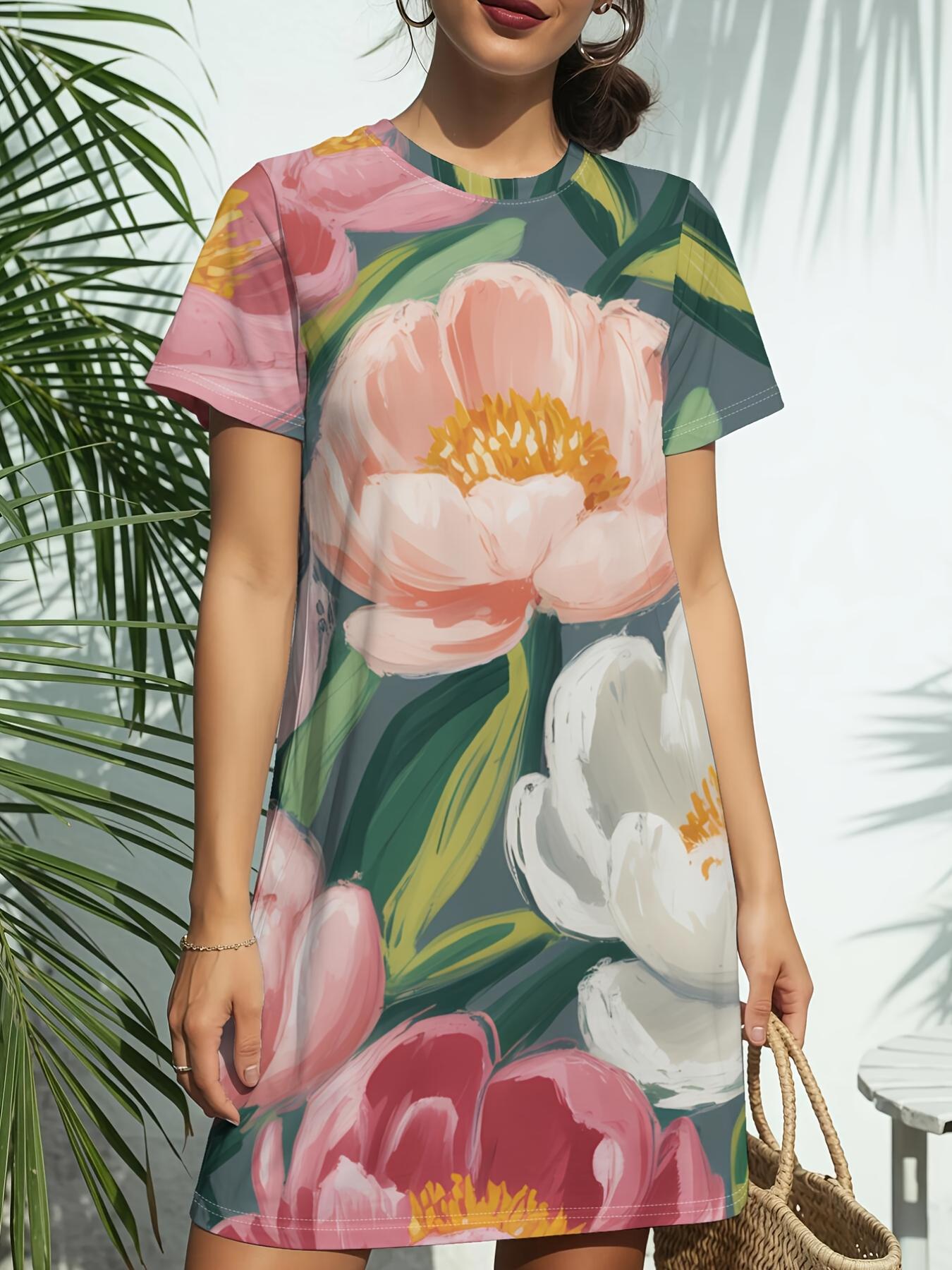 

New Vintage Floral Women S Round Neck Short Sleeve Dress T-Shirt. Featuring American Fashion Trends with Digital Prints for Spring And Summer. This El XS дубильная кора