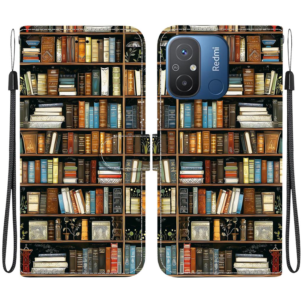 Handmade PU Leather Flip Case for Redmi 12C/Redmi 11A Anti-Slip Shockproof Cover with Wrist Strap & Heart/Rose Cat Designs