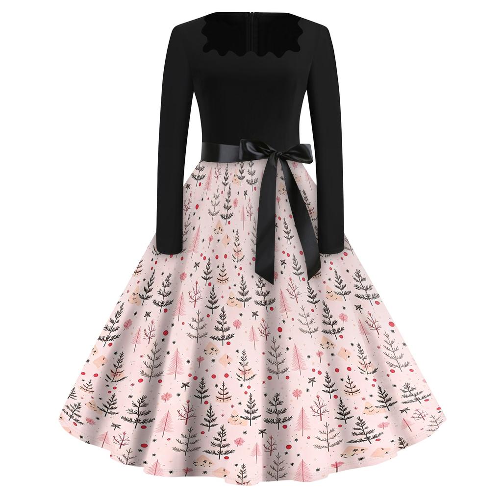 Women's Casual Christmas Print Square Neck Vintage Dress for Holiday Party and Everyday Wear