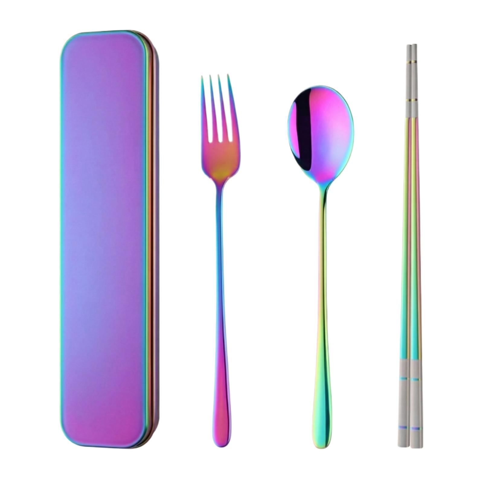 Stainless Steel Portable Tableware, Spoons, Forks, Square Chopsticks Set