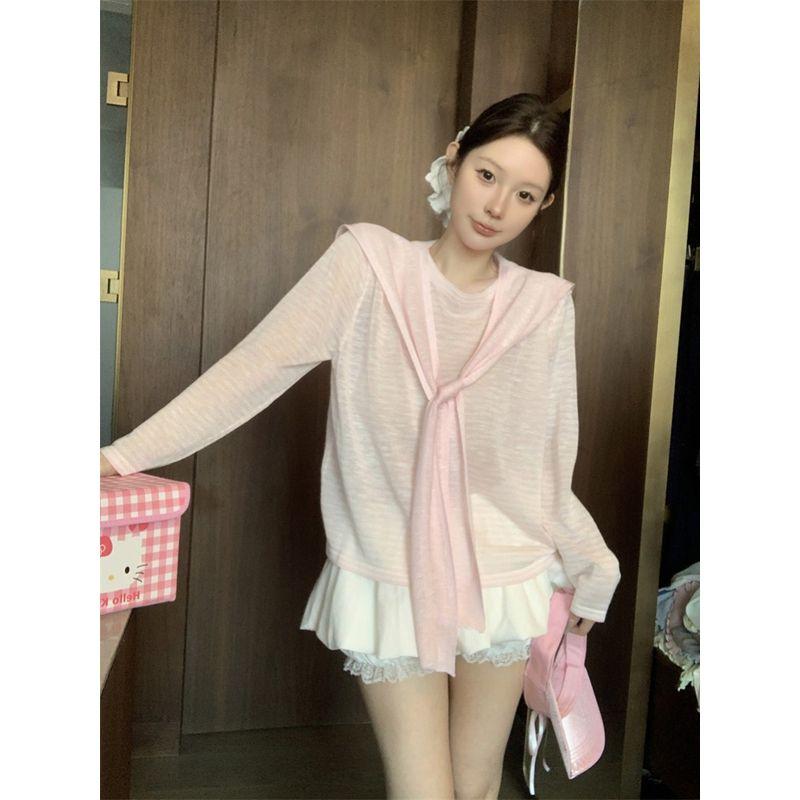 Kumikumi Idle Style Stripes Shawl Thin Long Sleeves T-shirt Female Autumn New All-Matching Slimming Sun Protection Top