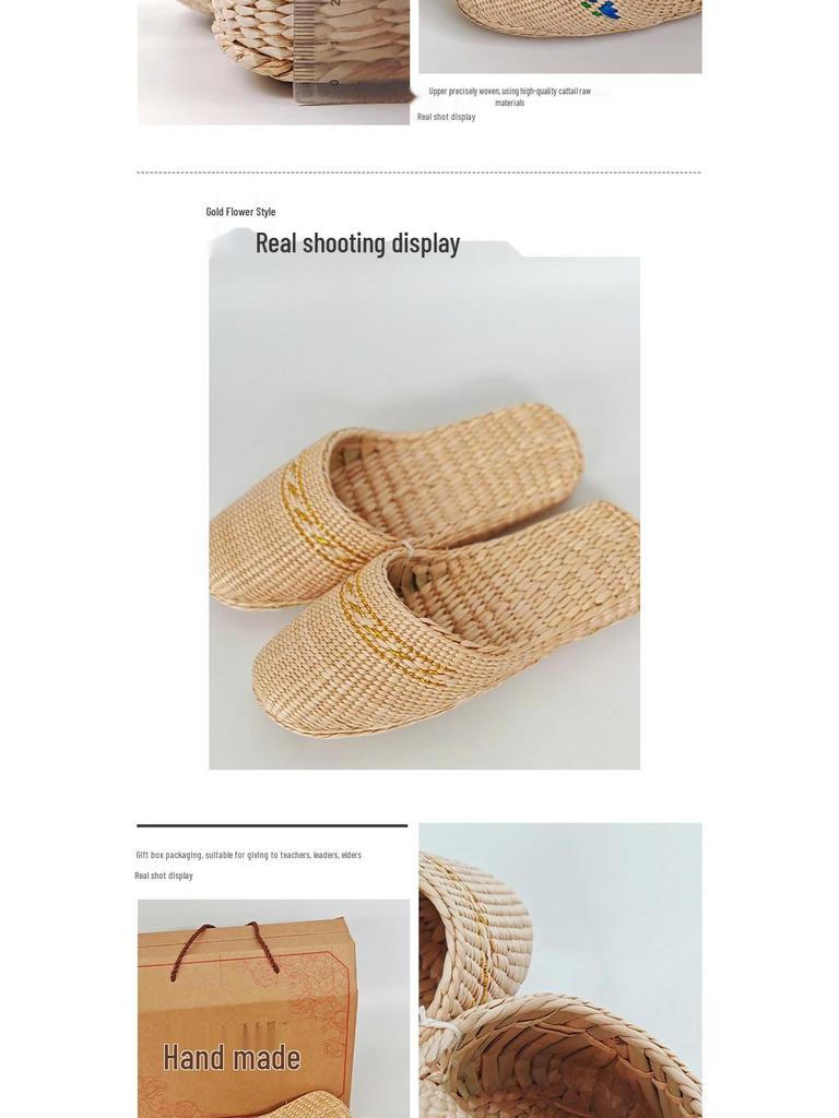 Finely Woven Cattail Slippers - Handmade Straw Shoes for Men & Women, Comfortable & Nourishing Mesh Design.
