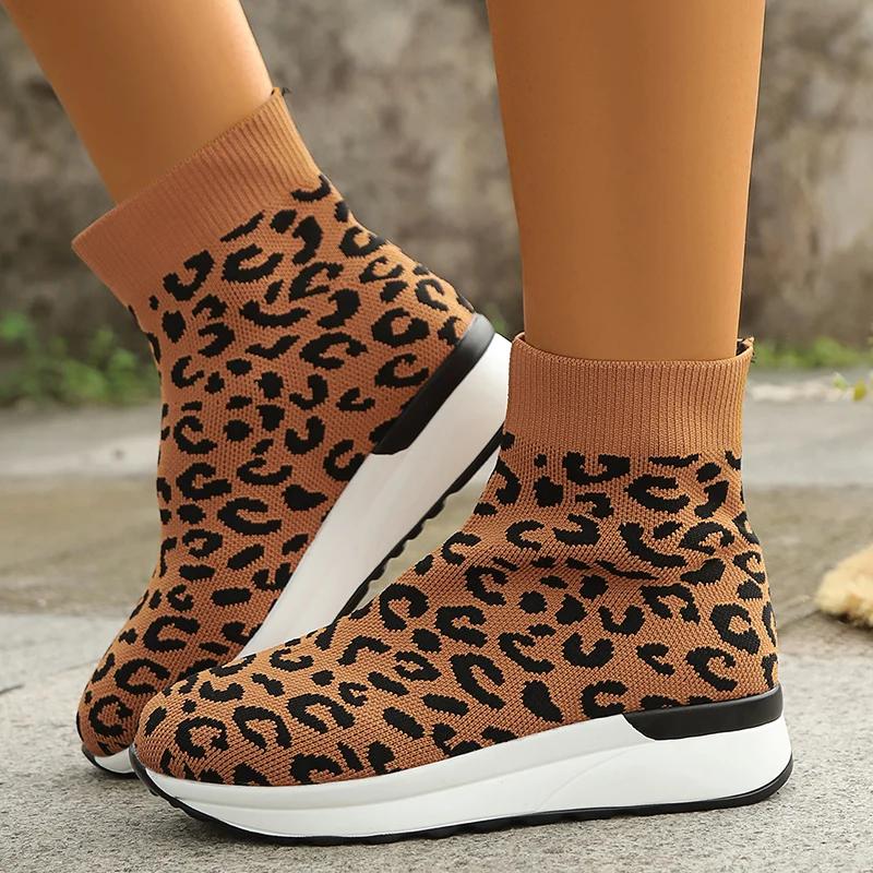 Leopard Printed Knitted Socks Sneakers for Women Breathable Casual Sports Running Shoes Woman Fashion High Top Slip-On Sneakers