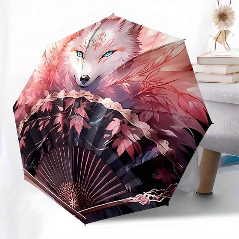 Compact & Stylish Fox with Cherry Blossom FanUmbrella - Vibrant Cartoon Design, Automatic Open, 8-Rib Steel Frame, Lightweight
