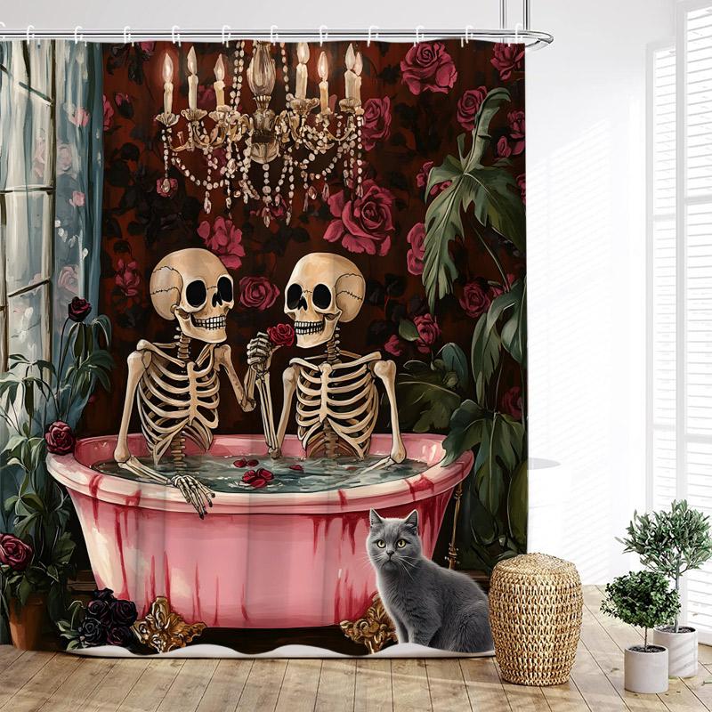 

Забавные купающиеся любовники Скелеты Шторки для душа Лес Розы Цветы Дерево Сердце День святого Валентина Занавеска для ванной Ткань Домашний декор 90x180cm-35x70in
