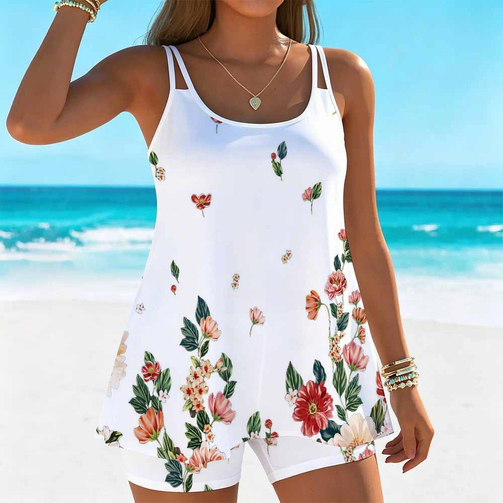Women s Swimwear Tankini 2 Piece Swimsuit Floral Hem Pattern Vacation Bathing Suits XS