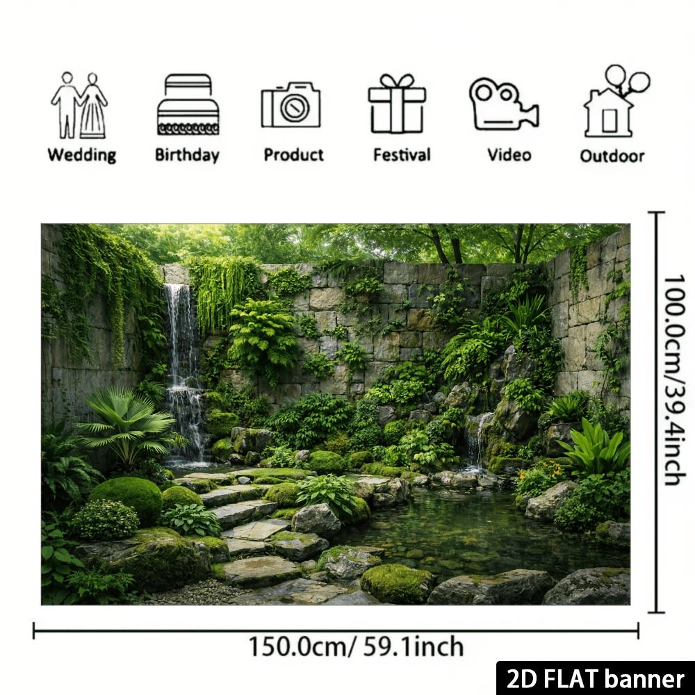 2D Zen Tuin met Achtergrond met Dubbele Watervallen, Stenen Muren, Mos en Groene Planten, Stenen Pad, Heldere Vijver