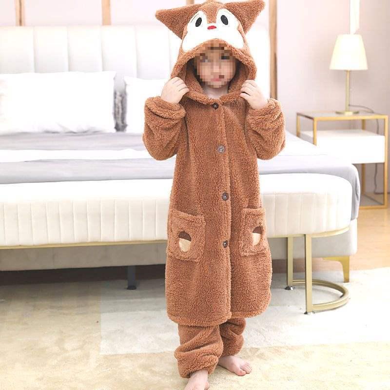 Kids Coral Fleece Pajama and Bathrobe Set - Cute Design for Boys & Girls, Plus Velvet for Autumn & Winter