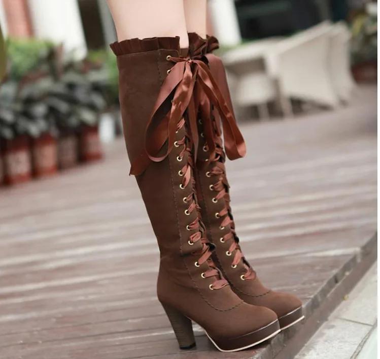 Cizme Dama Pantofi Rock Femeie Sexy Cizme Peste Genunchi Tocuri Înalte Sexy cu Șireturi Saboți cu Platformă Vârf Rotund Designer de Lux Dama Femei