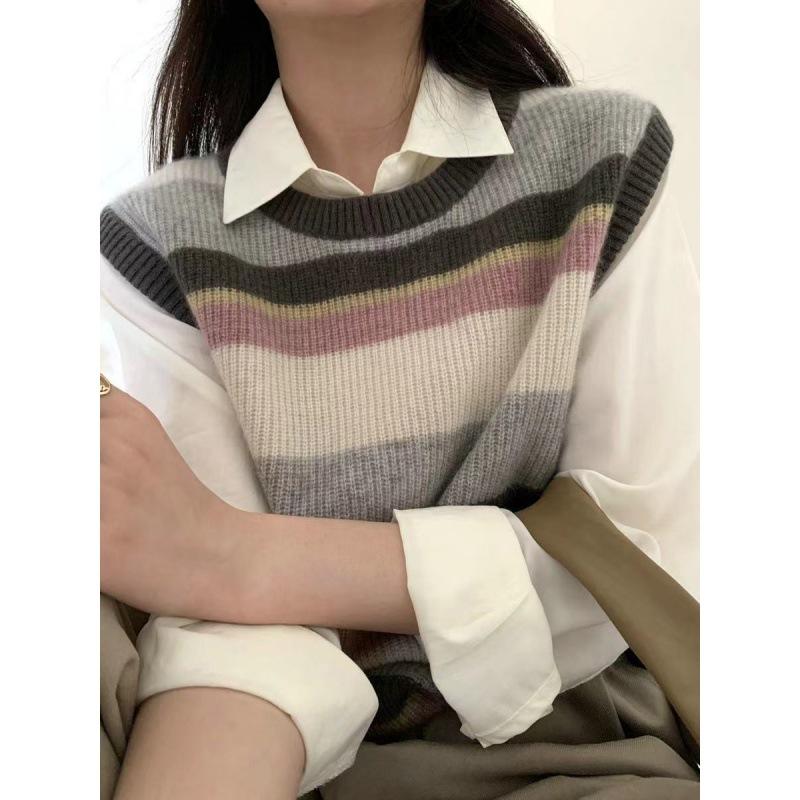 Women's Striped Knitted Vest Women's Spring and Autumn Loose Women's Sweater Vest