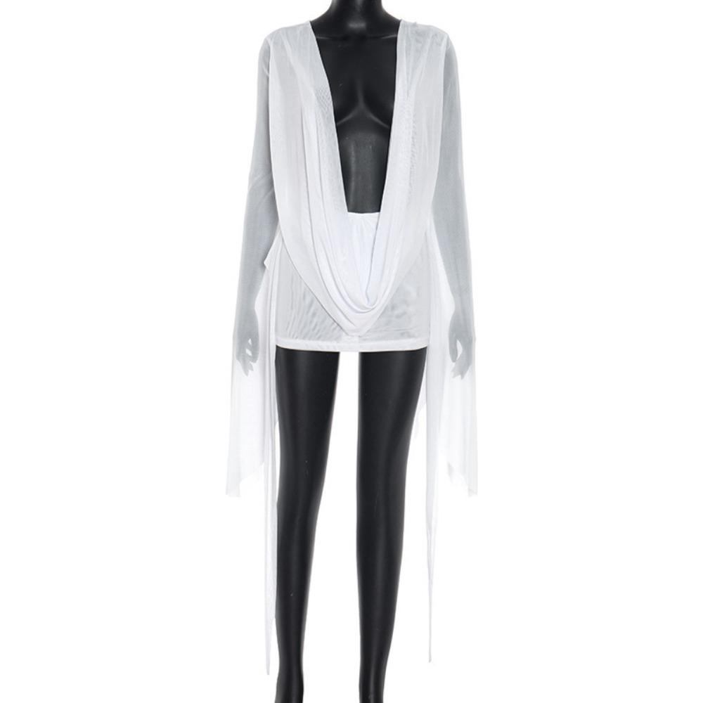 

Elegant V Neck Sheer Mesh Dress Long Sleeves Sheer Mesh Beach Cover-Up Dress Irregular Hem Ruched Short Dress Holiday Outfits L белый
