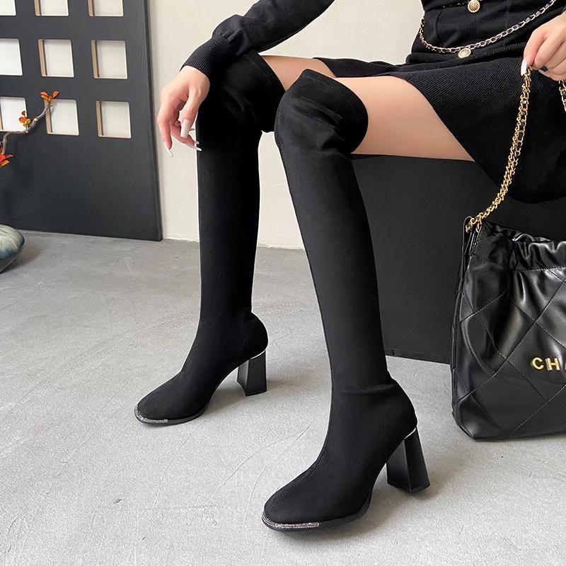 

Женские облегающие длинные сапоги с квадратным носком, модные ботильоны выше колена, лаконичные туфли на квадратном высоком каблуке 36 чёрный