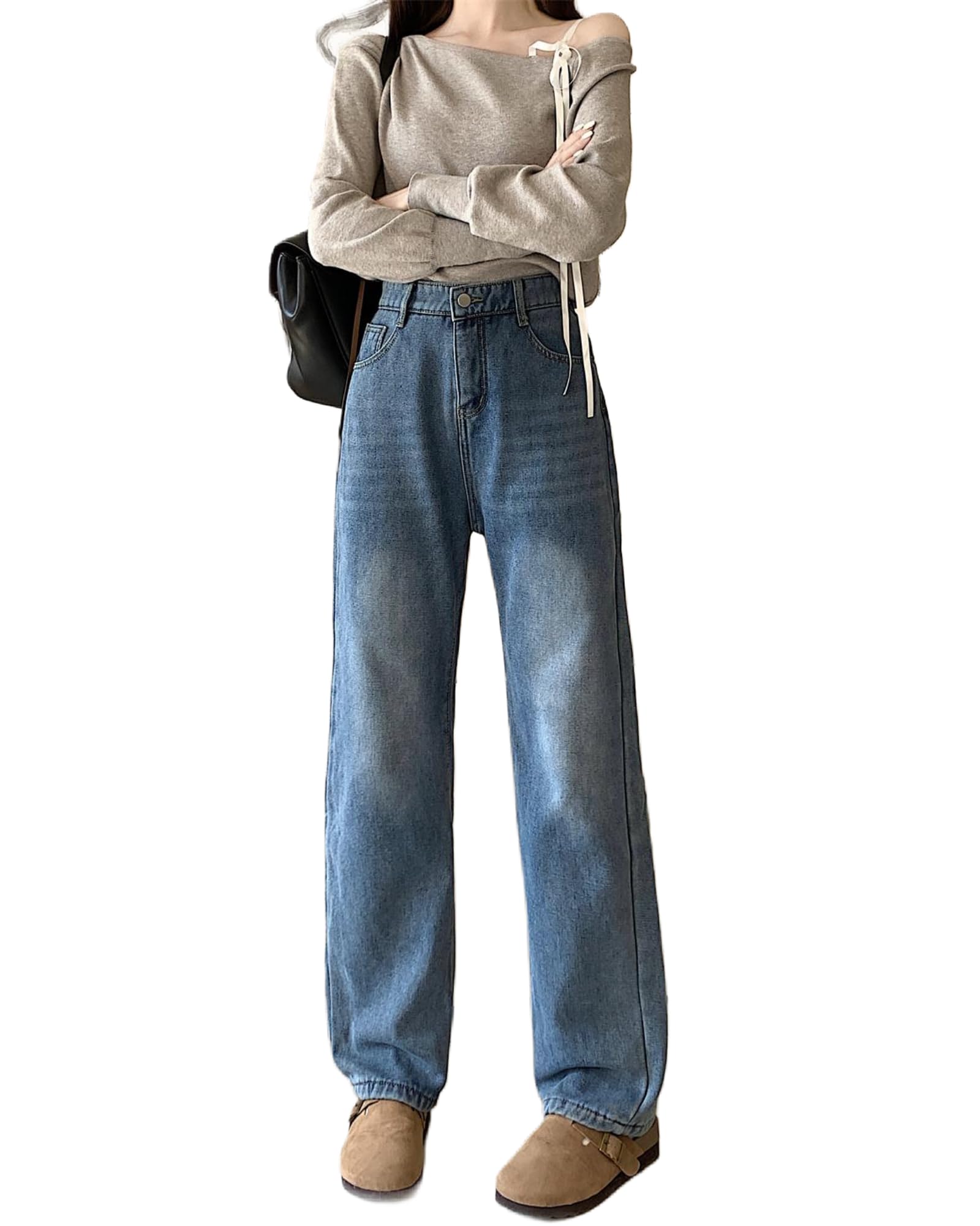 JINJUDUO Denim Wide Leg Plus High Loose Women s Fleece-Lined Pants, Jeans, Sizes, Waist, Fit, Leg-Slimming, Stylish, Fleece-Lined Denim, Fall/Winter