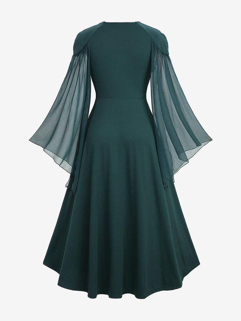 Rosegal Plus Size Shell Buckle Waist Ruched Panel Sheer Mesh Flare Sleeves Dress