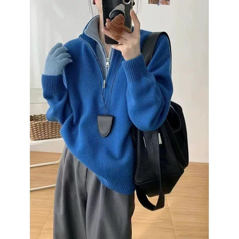 

Пуловер женский осенне-зимний новый ленивый повседневный вязаный свитер с двойным воротником на молнии, двухцветный, имитация двух частей average size