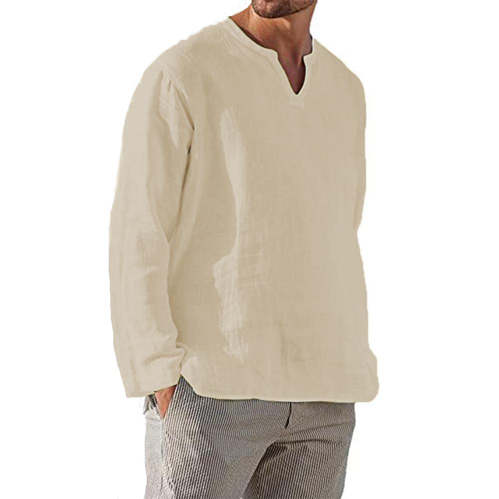 Cotton Linen Men Shirt Brief Breathable Comfy Solid Color Long Sleeve V Neck Casual Blouse Hawaiian Shirt Oversize Tops