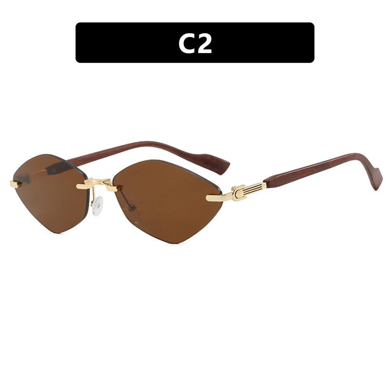 European and American rhombus frameless trimmed sunglasses metal sunglasses wood grain fashion sunscreen UV protection sunglasses women