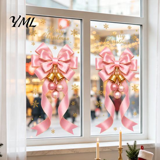 Festive Window Stickers Static Glass Sticker, Christmas Theme Bow Pattern Print, Removable Non Adhesive Film Electrostatic PVC for Home And