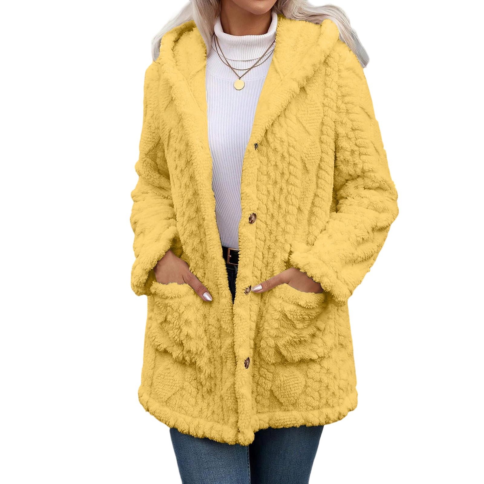 

Womens Winter Coats Warm Plush Jackets Open Front Long Sleeve Cardigan Trendy Fuzzy Outerwear L жёлтый