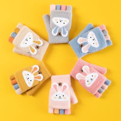 Children Gloves Five Finger Gloves Winter Boy Thickened Half Finger Mittens Girls Kid Knitted Mitten Winter New Cartoon Warm Flip Gloves
