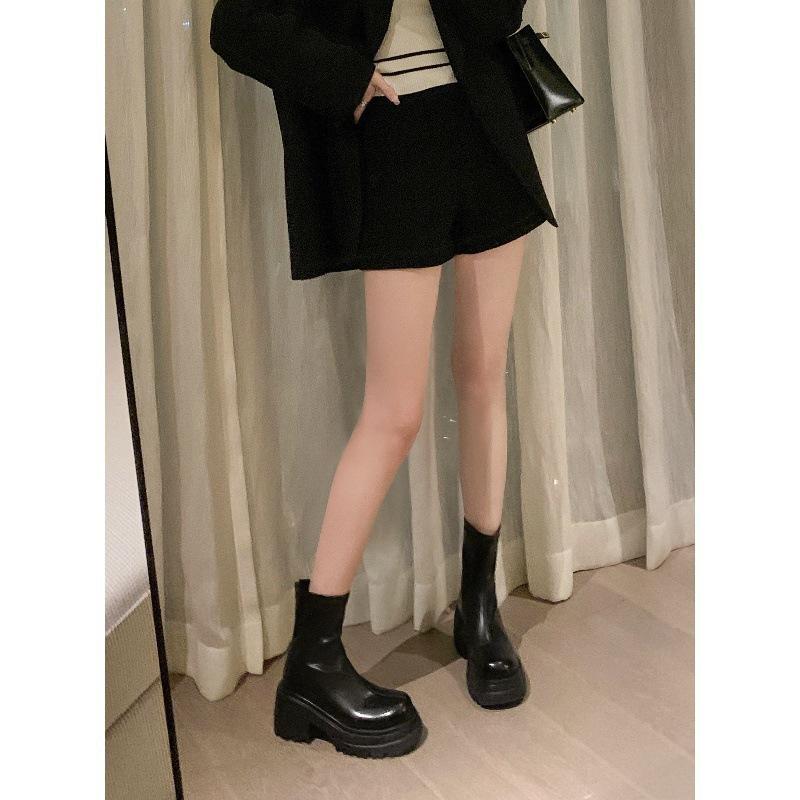 Beinfeine Stiefel Fleece Dicksohlig Reißverschluss hinten Bein Elastisch Kurze Stiefel Damen Martin Dünne Stiefel