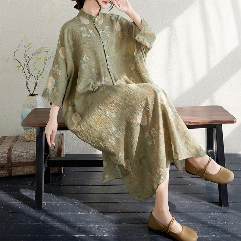 DIMANAF 2025 Summer Women Plus Size Dress Vintage Floral Buttons Casual Loose Long Oversized Dress New