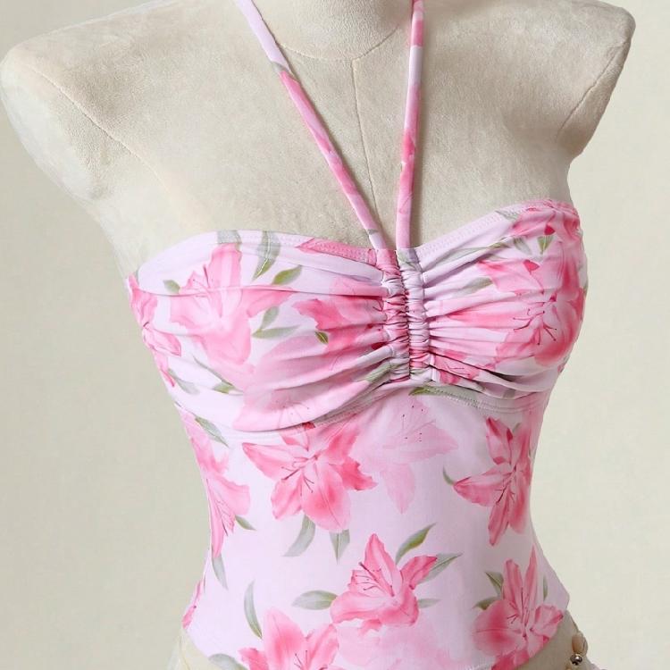 Fashionable Halterneck Style Tankini With Colorful Flower Pattern Ideal For Vacation Wear Top With Matching Bottoms