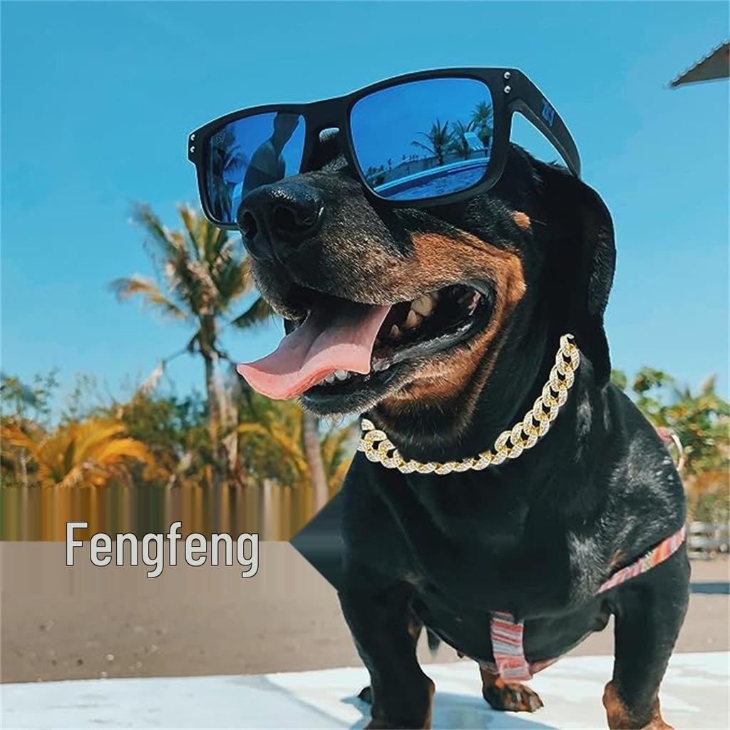 Gold Rhinestone Cuban Chain Pet Necklace - Zinc Alloy Choker for Cats & Dogs