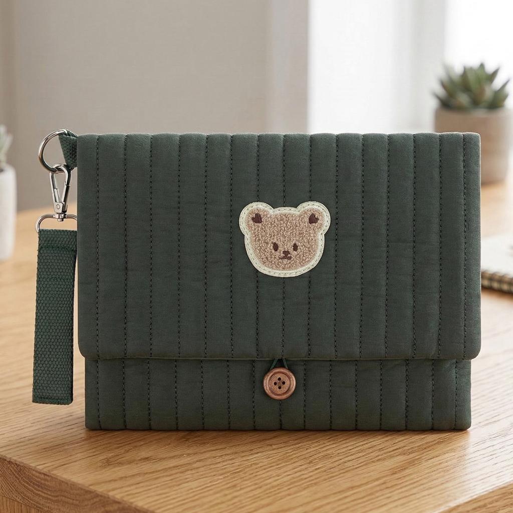 Cute Bear Embroidery Diaper Clutch Bag Foldable Quilted Diaper Pouch Multiple Pockets with Wipes Pocket Travel Essential for Mom