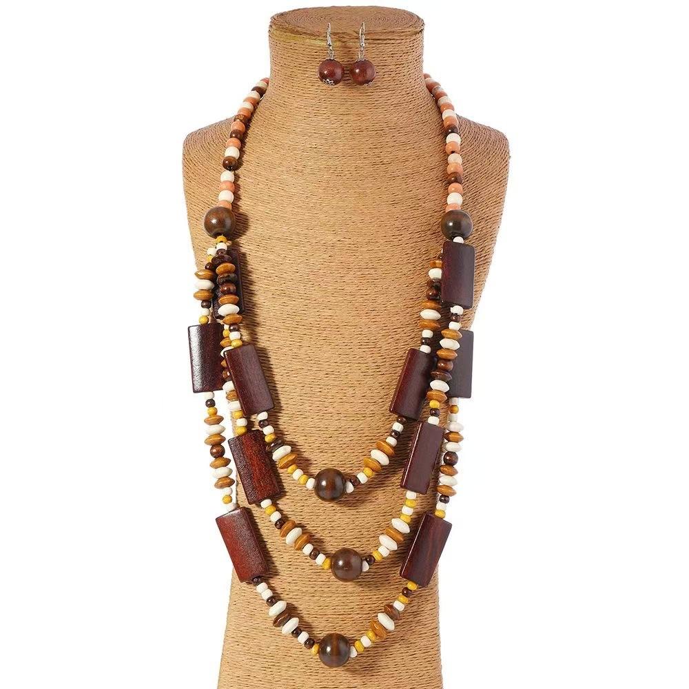 Ethnic Beaded Necklace Women Multi Layer Geometric Wooden Beads Boho Jewelry Premium Simple Versatile Fashion Accessories