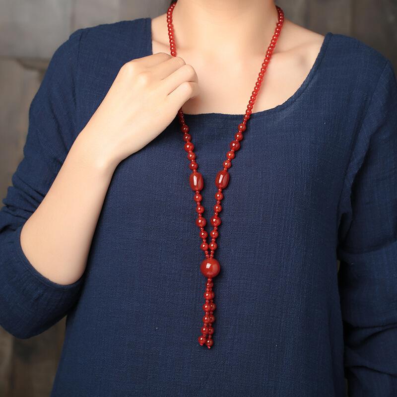 GEMCHIC Women's Chinese Style Natural Red Agate Long Necklace Vintage Tassel Sweater Chain Statement Jewelry for Autumn Winter
