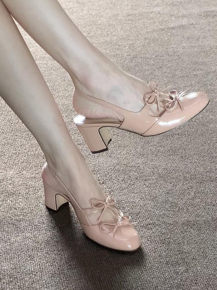 Soft Leather Version~ French Temperament Bow Height Increase 5cm High Heels Women's 2025 New Shallow Single Shoes Mary Jane Shoes