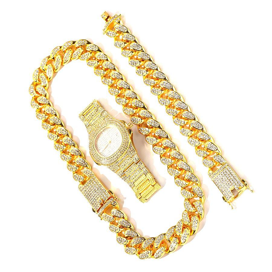

Men s Hip Hop Jewelry Set: Diamond Watch, 20mm Cuban Necklace & Bracelet