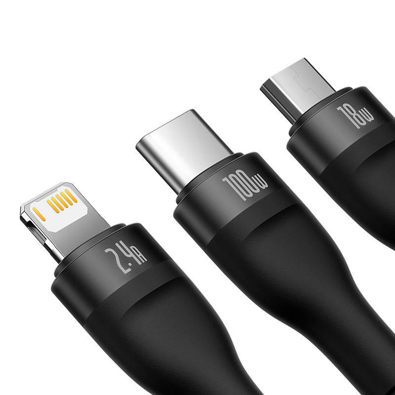 Kabel Usb 3W1 Baseus Flash Series, Usb-C + Micro Usb + Lightning, 100W, 1.2M (Czarny)