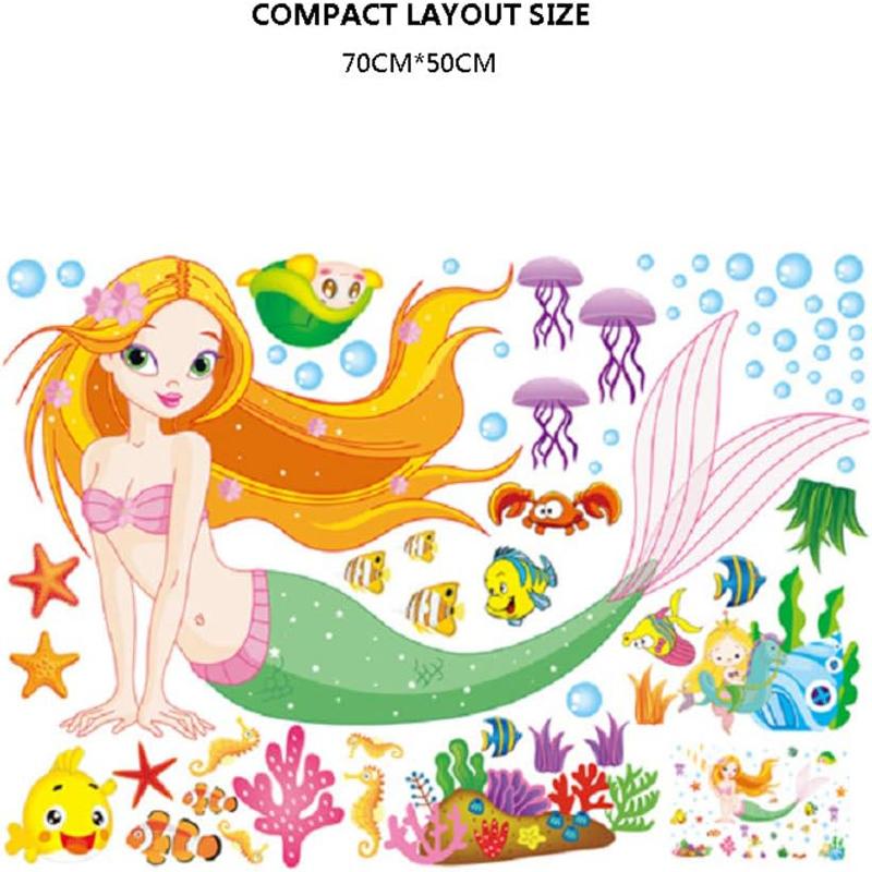 Kreslená mořská panna princezna Odnímatelné samolepky na zeď pro dětský pokojíček, dívčí ložnici, dekorace