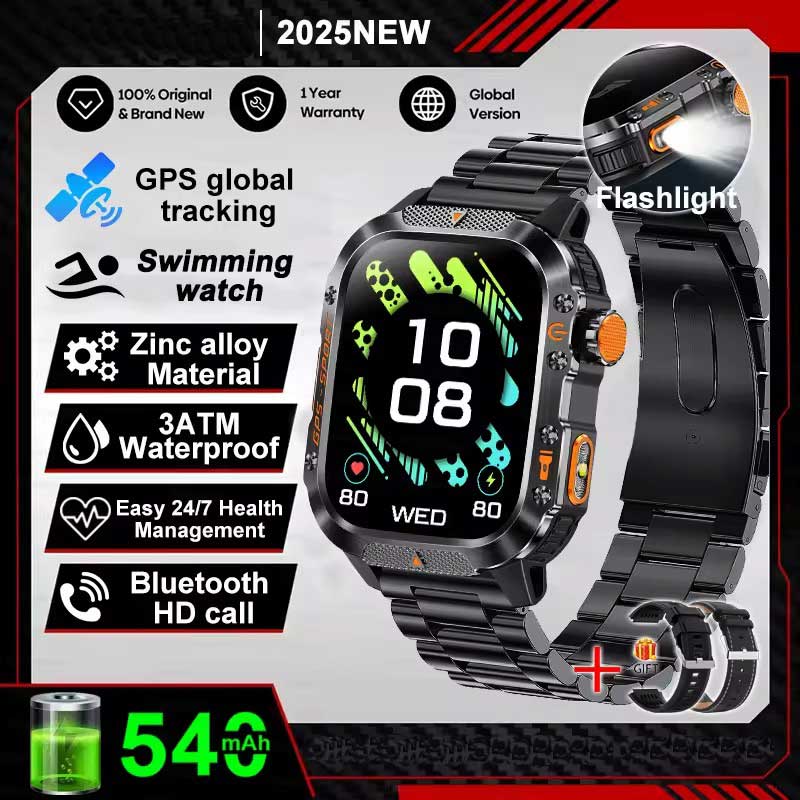 Vojenské chytré hodinky s vestavěným GPS, kompasem, výškoměrem, vodotěsností 3ATM IP69K, AMOLED displejem, Bluetooth voláním, 2,01" chytré hodinky pro Android a iOS