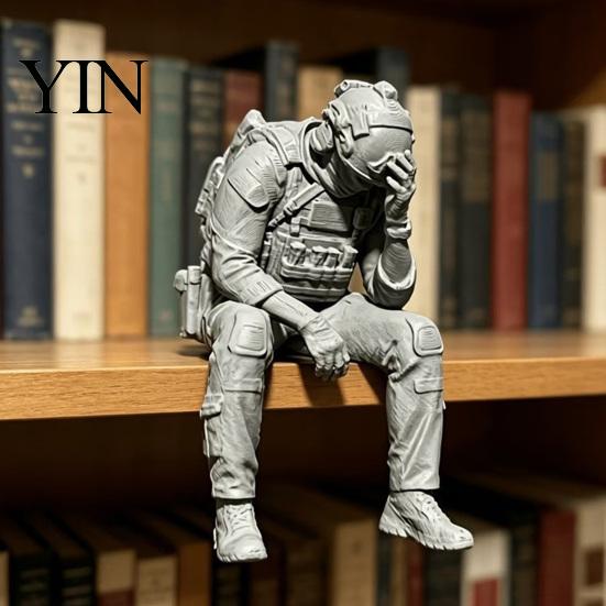 Miniature Tactical Soldier Display 3D Printed Figurine Ornament, Sitting Statue, Funny Tired Sculpture for Table Shelf Edge Decor Ornament